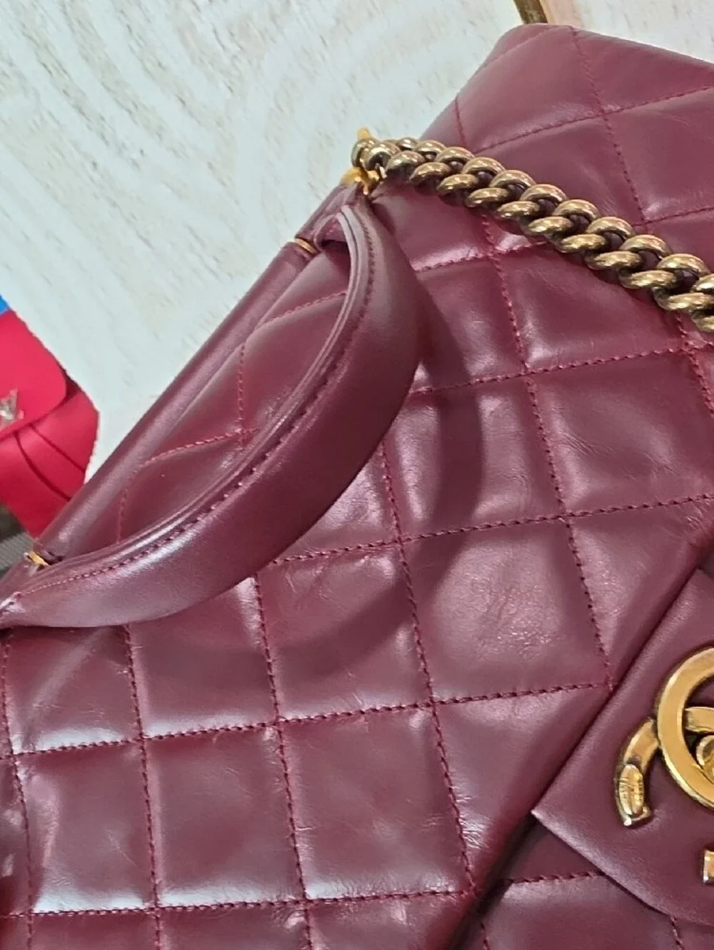CHANEL Crinkle Leather Top-Hnadle Flap Bag in Deep Burgundy with Gold Hardware